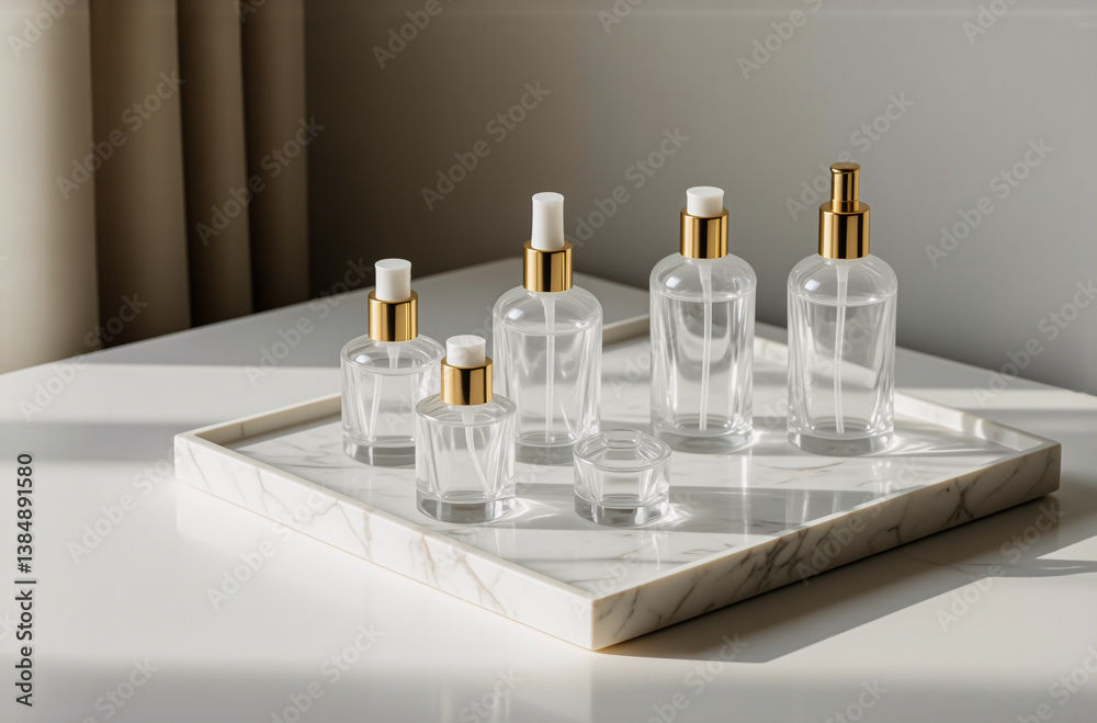 Poster transparent glass bottles with gold spray nozzles and caps are neatly arranged on a marble tray agai