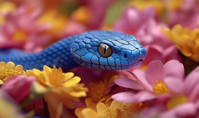 Fototapeta premium Blue snake among vibrant flowers showcasing nature's beauty and color contrast