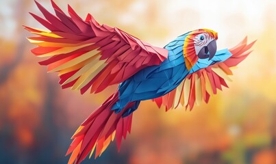 Obraz premium Colorful paper parrot in flight showcasing intricate origami design and vibrant hues