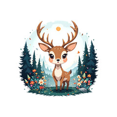 Fototapeta premium Cute cartoon deer in a forest scene