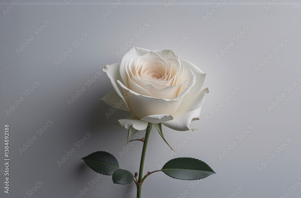 Poster elegant white rose with soft petals and green leaves, presented against a minimalist white backdrop 