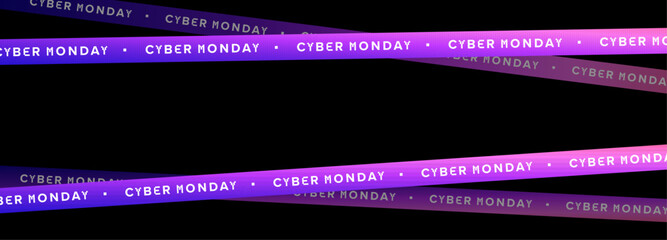 Cyber Monday gradient tape banner. Neon futuristic warning stripe with glowing text on transparent background. Promo design for online sales, digital ads. Vector illustration
