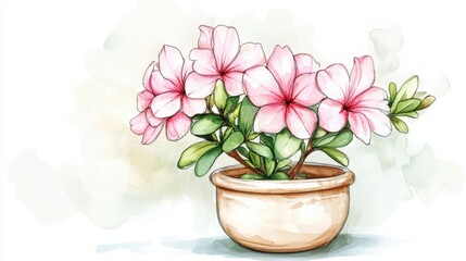 Fototapeta premium A watercolor illustration of pink flowers in a ceramic pot, conveying a soft and serene botanical beauty.