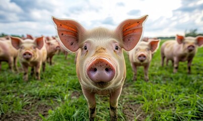 Curious piglet in foreground with herd of pigs grazing in green pasture under cloudy sky
