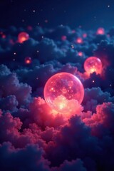 Obraz premium Softly glowing luminescent orbs float in the darkened sky, misty, glow, celestial