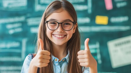 Smiling schoolgirl with glasses showing thumbs up in front of chalkboard