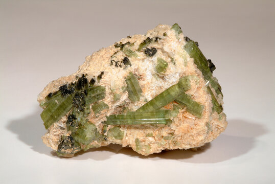 Mineral Elbaite, Varient Verdelite, Green touramaline crystals on quarzite matrix, Minas Gerais, Brazil