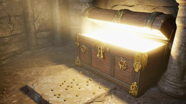 An ancient treasure chest creaks open, releasing a radiant glow that spills across the weathered floor, casting golden reflections on the timeworn surroundings.



