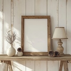 Rustic wooden frame mockup on a wooden table with decor.