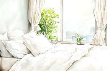 A cozy bedroom scene featuring a bed with fluffy white bedding, surrounded by natural light and green plants visible through a large window.