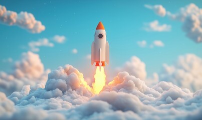 Rocket launching into sky above fluffy clouds with vibrant blue background