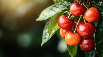 A stunning close-up of luscious cherries hanging on a branch, surrounded by green leaves and illuminated by sunlight, conveying feelings of warmth and summer joy.