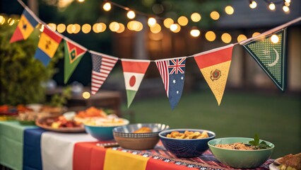A vibrant global feast under twinkling lights, celebrating unity and diversity with colorful flags and delicious food.