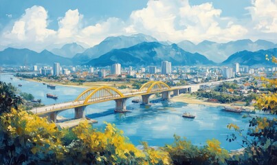 Fototapeta premium Scenic view of yellow bridge over river with mountains and city skyline in background