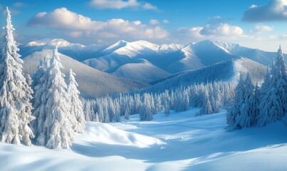 Obraz premium Stunning winter landscape with snow-covered mountains and frosted trees