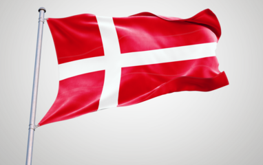 Flags of Denmark waving in the wind with patriotic symbols of Europe and national pride