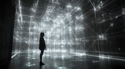 Person in Dark Room Surrounded by Glowing Neon Light Grids