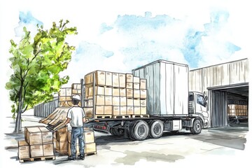 A man unloading boxes from a truck in a warehouse setting, surrounded by trees and a clear sky, showcasing logistics and transportation.