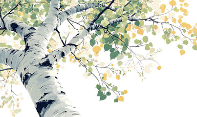 illustrations of various trees, leaves, grasses, and botanical elements on white background.