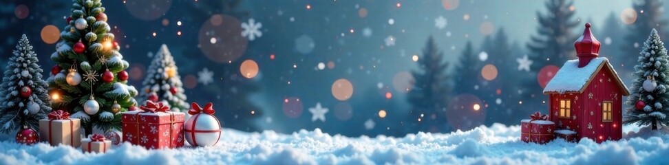 Winter festive scene with snowflakes and Christmas trees, snowy landscape, holiday season, festive atmosphere