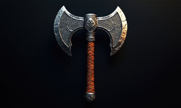 ornate double-headed axe with intricate designs and leather-wrapped handle