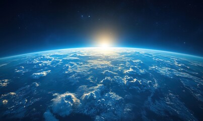 Fototapeta premium Stunning view of Earth from space at sunrise with clouds and atmosphere