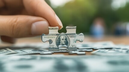 Assembling Finances: A person delicately places a puzzle piece adorned with a monetary symbol, representing the act of bringing financial elements together in pursuit of economic harmony. 