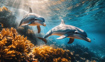 Naklejka premium Dolphins swimming gracefully through vibrant coral reef underwater scene