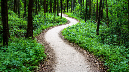Obraz premium winding trail through lush forest, surrounded by vibrant greenery and tall trees, invites exploration and adventure. serene atmosphere evokes sense of peace and connection with nature