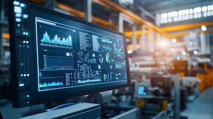 An AI driven predictive maintenance system analyzing equipment performance and preventing breakdowns in manufacturing, Industrial technology style, photo of