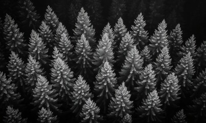Aerial view of dense evergreen forest in black and white with intricate tree patterns
