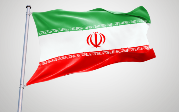 A waving flag of Iran with patriotic symbols and vibrant colors isolated in the wind, representing national emblems and pride from the Middle East and Europe