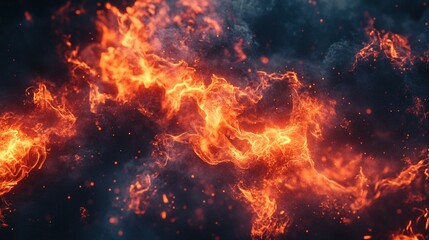 Fiery flames and smoke engulfing darkness.  Intense energy and heat