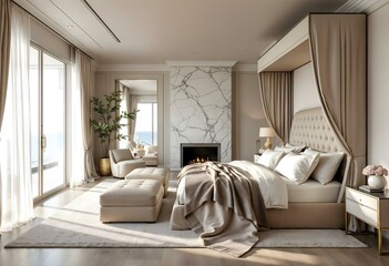 A beautiful bedroom with premium furniture, a glass door leading to an outdoor patio, and a cathedral ceiling.