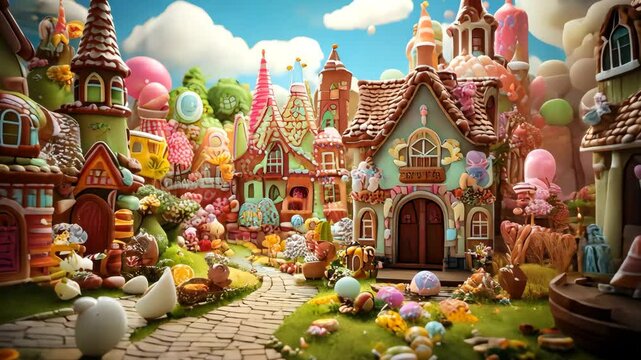 Pastel Candy World with Gingerbread Houses and Easter Celebrations