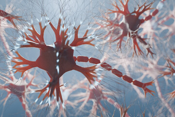Neuron cells in human brain with glowing signals. 3D rendered illustration.