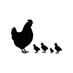 A black and white vector silhouette of a hen sitting with baby chicks nestled under her wings on a white background