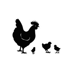 A black and white vector silhouette of a hen standing protectively while baby chicks gather at her feet on a white background