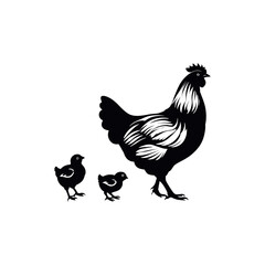 A black and white vector silhouette of a hen pecking the ground as baby chicks follow behind her on a white background