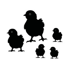 A black and white vector silhouette of a hen spreading her wings while baby chicks huddle close on a white background