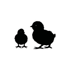 A black and white vector silhouette of a hen and baby chicks in a peaceful farmyard setting on a white background