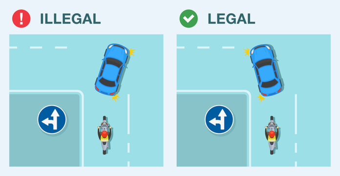 Safe driving tips and traffic regulation rules. Legal and illegal driving. Go straight or turn left european sign. Top view of a traffic flow at intersection. Flat vector illustration template.