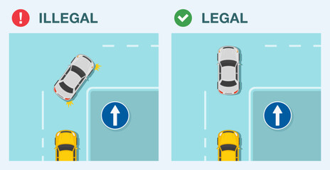 Safe driving tips and traffic regulation rules. Legal and illegal driving. Go straight european sign. Top view of a traffic flow at intersection. Flat vector illustration template.