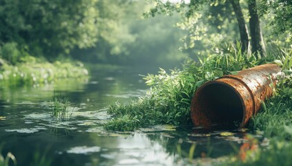 Rusty pipe in a tranquil river, surrounded by lush green vegetation.