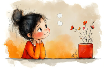 A Child's Floral Musings: A child, rendered in an illustrated style, gazes dreamily at a vibrant floral display, evoking feelings of wonder and imagination.