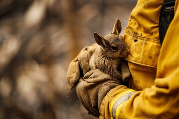 Firefighter in yellow suit gently holding rescued baby rabbit in arms after wildfire, close-up moment.