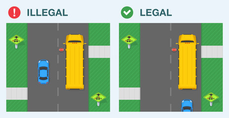 Safe driving tips and traffic regulation rules. Legal and illegal driving. United States "School bus stop ahead" sign. Top view of street with stopped bus. Flat vector illustration template. © flatvectors