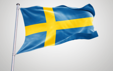 Swedish and Finnish flags waving in the wind with patriotic symbols of Scandinavia