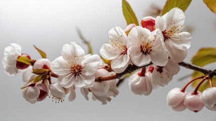 Fototapeta premium Beautiful pink cherry blossoms in full bloom, gracefully arranged along the bottom of the image, isolated on a clean white background