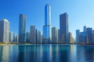 Fototapeta premium Under a bright blue sky, the modern metropolitan skyline is dotted with glass towers that reflect light and office buildings. Generative Ai